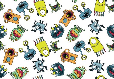 Cartoon monsters seamless emoticons aliens pattern for kids clothes print and wrapping paper and fabrics and linens and kindergarten. High quality illustration