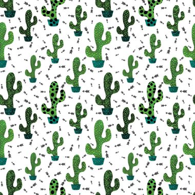 Kağıt, kumaş, çarşaf ve çocuk giysileri baskısı ve şenlikli yaz tekstil ürünleri için soyut, dikişsiz kaktüs deseni. Yüksek kaliteli illüstrasyon