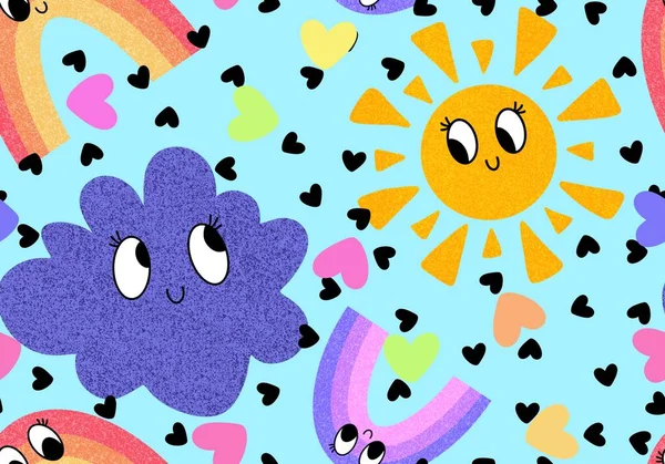 Retro Summer Cartoon Seamless Sun Rainbow Clouds Pattern Wrapping Paper — Stock Photo, Image