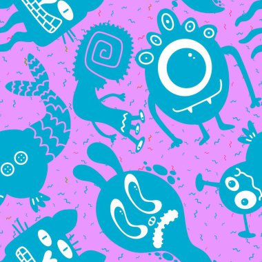 Cartoon monsters seamless emoticons aliens pattern for kids clothes print and wrapping paper and fabrics and linens and kindergarten. High quality illustration