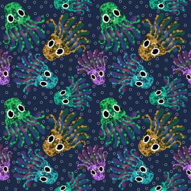 Çizgi filmlerdeki okyanus hayvanları kumaşlar, ambalaj kağıtları, çarşaflar, çocuk kıyafetleri ve yaz tekstili için kusursuz desenli. Yüksek kaliteli illüstrasyon