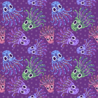 Çizgi filmlerdeki okyanus hayvanları kumaşlar, ambalaj kağıtları, çarşaflar, çocuk kıyafetleri ve yaz tekstili için kusursuz desenli. Yüksek kaliteli illüstrasyon