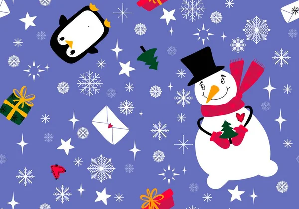 Christmas Snowman Seamless Penguin Gifts Box Letters Pattern Wrapping Paper — Stock Photo, Image