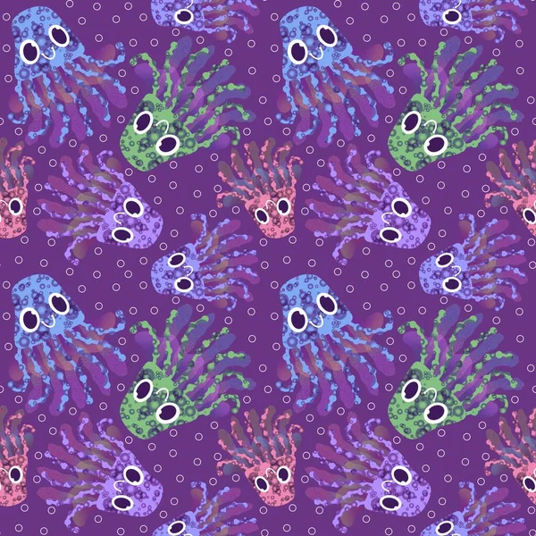 Cartoon Ocean Animals Seamless Jellyfish Pattern Fabrics Wrapping Paper Linens — Stock Photo, Image