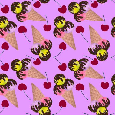 Duvar kağıtları, ambalaj kağıtları, kumaşlar, çocuk giysileri baskıları, şenlikli ambalajlar ve mayo tekstili için yaz çizgi filmlerinin dikişsiz dondurma kalıpları. Yüksek kaliteli illüstrasyon