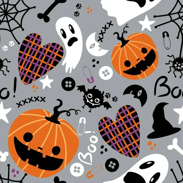 Halloween Karikatura Dýně Bezešvé Duch Měsíc Netopýři Pavouk Čarodějnice Klobouk — Stock fotografie