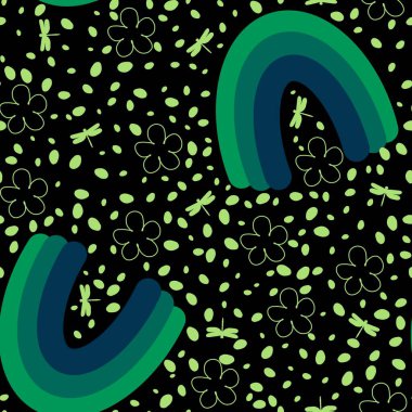 Duvar kâğıtları, kumaşlar, tekstil ürünleri, ambalaj kâğıtları ve çocuk kıyafetleri baskısı için karikatür gökkuşağı deseni. Yüksek kaliteli illüstrasyon