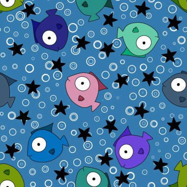 Çizgi filmlerdeki yaz hayvanları kumaşlar için kusursuz balık desenleri ve çocuk giysileri baskılar, çarşaflar ve ambalaj kağıtları ve mayo tekstili. Yüksek kaliteli illüstrasyon