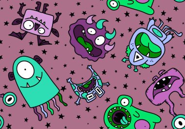 Cartoon monsters seamless emoticons aliens pattern for kids clothes print and wrapping paper and fabrics and linens and kindergarten. High quality illustration