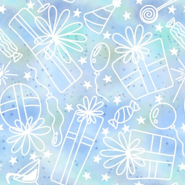 Paket kağıtları, kumaşlar, çarşaflar, çocuk giysileri baskıları, Noel paketleri ve doğum günü aksesuarları için şenlikli hediye kutusu desenleri. Yüksek kaliteli illüstrasyon