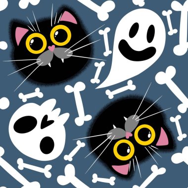 Cadılar Bayramı çizgi filmleri kağıt, çarşaf, kumaş, çocuk giysisi baskısı, şenlik ambalajı ve moda tekstili için kusursuz kedi desenleri. Yüksek kaliteli illüstrasyon