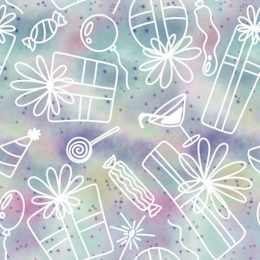 Paket kağıtları, kumaşlar, çarşaflar, çocuk giysileri baskıları, Noel paketleri ve doğum günü aksesuarları için şenlikli hediye kutusu desenleri. Yüksek kaliteli illüstrasyon