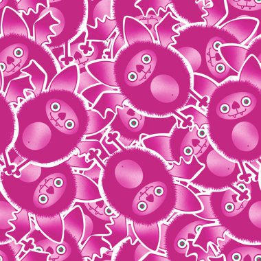 Cadılar Bayramı çizgi filmlerindeki canavarlar, kağıt, kumaş, çarşaf, çocuk giysisi baskısı, şenlik ambalajı ve moda tekstili için kusursuz kawaii yarasa desenleri. Yüksek kaliteli illüstrasyon