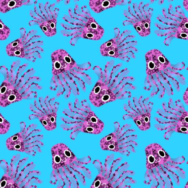 Çizgi filmlerdeki okyanus hayvanları kumaşlar, ambalaj kağıtları, çarşaflar, çocuk kıyafetleri ve yaz tekstili için kusursuz desenli. Yüksek kaliteli illüstrasyon