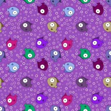 Çizgi filmlerdeki yaz hayvanları kumaşlar için kusursuz balık desenleri ve çocuk giysileri baskılar, çarşaflar ve ambalaj kağıtları ve mayo tekstili. Yüksek kaliteli illüstrasyon