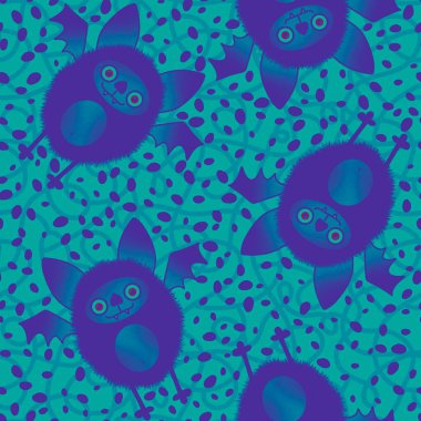 Cadılar Bayramı çizgi filmlerindeki canavarlar, kağıt, kumaş, çarşaf, çocuk giysisi baskısı, şenlik ambalajı ve moda tekstili için kusursuz kawaii yarasa desenleri. Yüksek kaliteli illüstrasyon