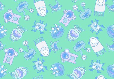 Cartoon monsters seamless emoticons aliens pattern for kids clothes print and wrapping paper and fabrics and linens and kindergarten. High quality illustration