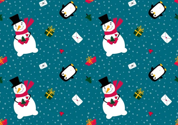 Boże Narodzenie Bałwan Bezszwowy Pingwin Prezenty Pudełko Litery Wzór Pakowania — Zdjęcie stockowe