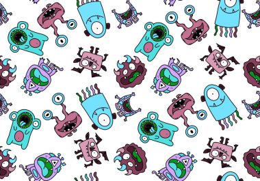 Cartoon monsters seamless emoticons aliens pattern for kids clothes print and wrapping paper and fabrics and linens and kindergarten. High quality illustration