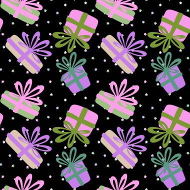 Çizgi film hediye kutuları kusursuz Noel ve doğum günü şablonu kağıt, kumaş, çarşaf, ambalaj, çocuk kıyafetleri ve parti aksesuarları için. Yüksek kaliteli illüstrasyon