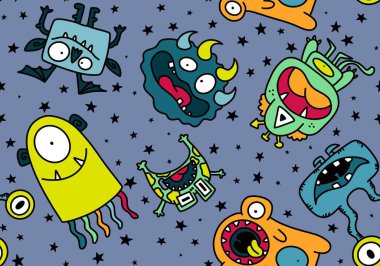 Cartoon monsters seamless emoticons aliens pattern for kids clothes print and wrapping paper and fabrics and linens and kindergarten. High quality illustration