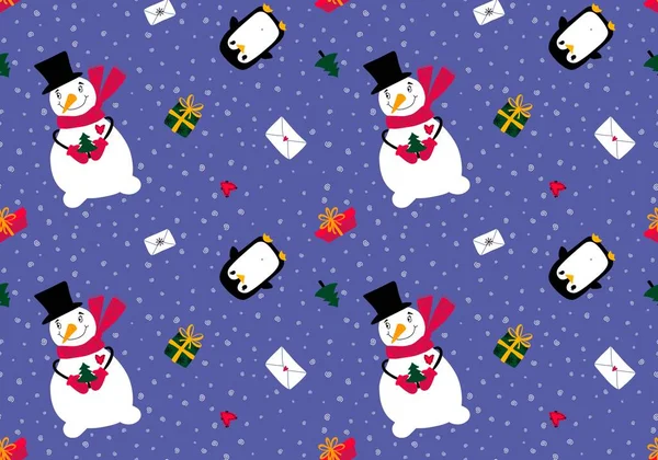 Navidad Muñeco Nieve Sin Costuras Pingüino Regalos Caja Letras Patrón —  Fotos de Stock