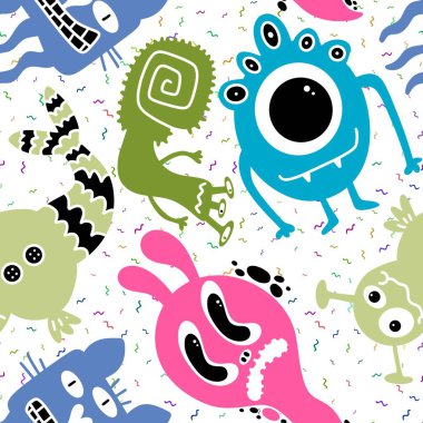 Cartoon monsters seamless emoticons aliens pattern for kids clothes print and wrapping paper and fabrics and linens and kindergarten. High quality illustration