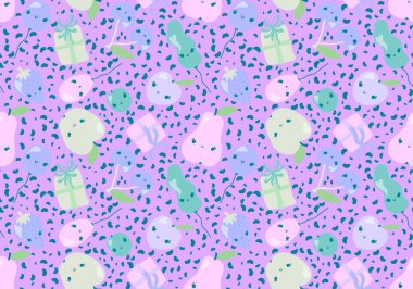 Yaz çizgi filminde elmalar, elmalar, kirazlar, şeftaliler, erikler ve armut desenleri doğum günü hediyeleri, ambalaj kağıtları, kumaşlar, çarşaflar ve çocuk giysileri baskıları. Yüksek kaliteli illüstrasyon