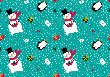 Noel kardan adamı dikişsiz penguen ve hediye kutusu ve kağıt, çarşaf, kumaş ve çocuk kıyafetleri baskısı ve şenlikli paketleme için harf deseni. Yüksek kaliteli illüstrasyon