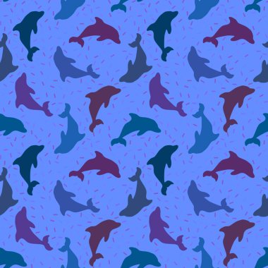 Yaz hayvanları, ambalajsız yunus desenleri, çocuk giysileri kumaşları, kumaşlar, çarşaflar ve mayo tekstili. Yüksek kaliteli illüstrasyon