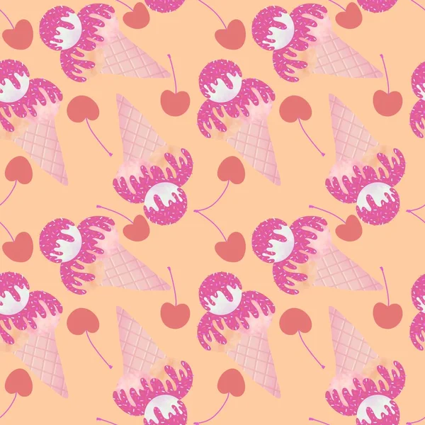 Summer Cartoon Seamless Ice Cream Pattern Wallpaper Wrapping Paper Fabrics — Stock Photo, Image