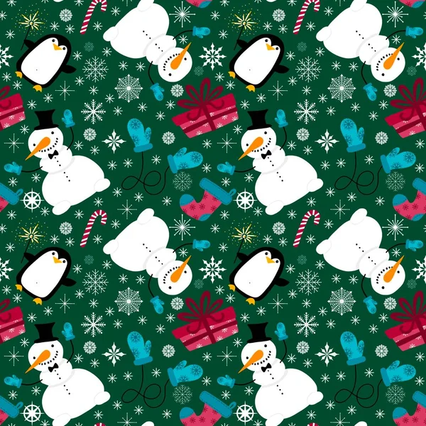 圣诞卡通片雪人天衣无缝雪片企鹅礼物盒糖果袜子手套图案包装纸孩子们印刷节日包装纸高质量的例证 — 图库照片