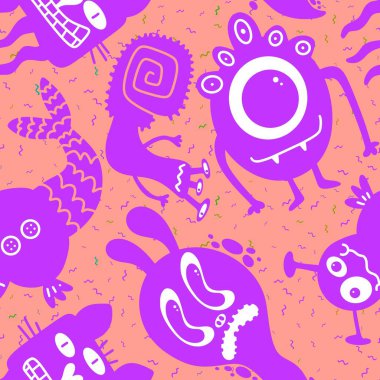 Cartoon monsters seamless emoticons aliens pattern for kids clothes print and wrapping paper and fabrics and linens and kindergarten. High quality illustration