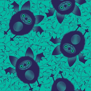 Cadılar Bayramı çizgi filmlerindeki canavarlar, kağıt, kumaş, çarşaf, çocuk giysisi baskısı, şenlik ambalajı ve moda tekstili için kusursuz kawaii yarasa desenleri. Yüksek kaliteli illüstrasyon