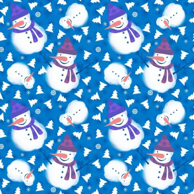 Noel ambalajı için kışın dikişsiz kardan adam ve kar taneleri deseni ve çocukların not defterleri, aksesuarları ve kumaşları. Yüksek kaliteli illüstrasyon