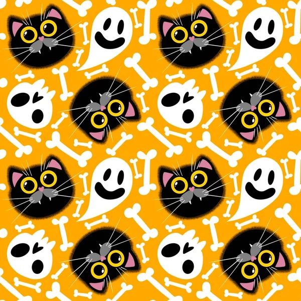 Halloween cartoon seamless cats pattern for wrapping paper and linens and fabrics and kids clothes print and festive packaging and fashion textiles. High quality illustration