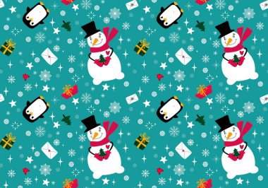 Noel kardan adamı dikişsiz penguen ve hediye kutusu ve kağıt, çarşaf, kumaş ve çocuk kıyafetleri baskısı ve şenlikli paketleme için harf deseni. Yüksek kaliteli illüstrasyon