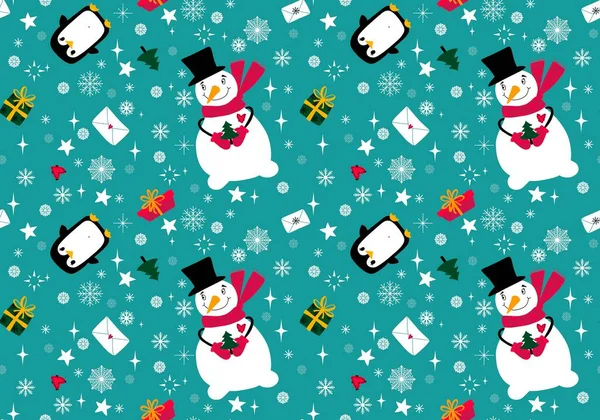 Noel kardan adamı dikişsiz penguen ve hediye kutusu ve kağıt, çarşaf, kumaş ve çocuk kıyafetleri baskısı ve şenlikli paketleme için harf deseni. Yüksek kaliteli illüstrasyon