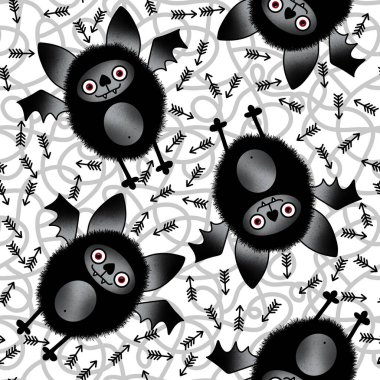 Cadılar Bayramı çizgi filmlerindeki canavarlar, kağıt, kumaş, çarşaf, çocuk giysisi baskısı, şenlik ambalajı ve moda tekstili için kusursuz kawaii yarasa desenleri. Yüksek kaliteli illüstrasyon