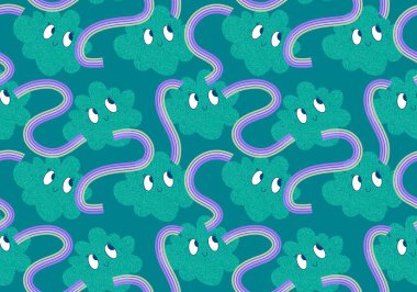 Geçmiş yaz çizgi filmlerinde derlenmemiş güneş, gökkuşağı ve bulut desenleri kağıdın ambalajı için çocuk kıyafetleri, kumaşlar ve çarşaflar. Yüksek kaliteli illüstrasyon