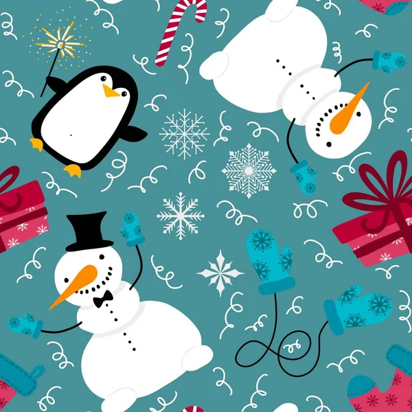 Christmas Cartoon Snowman Seamless Snowflakes Penguin Gifts Box Candy Socks — Stock Photo, Image