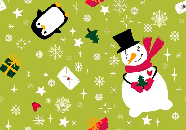 Vánoční Sněhulák Bezešvé Tučňák Dárky Box Písmena Vzor Pro Balení — Stock fotografie