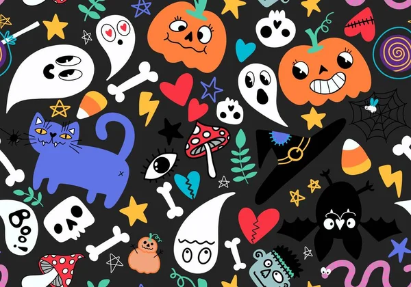 Calabazas Calaveras Sin Costura Halloween Dibujos Animados Patrón Fantasma Gato —  Fotos de Stock