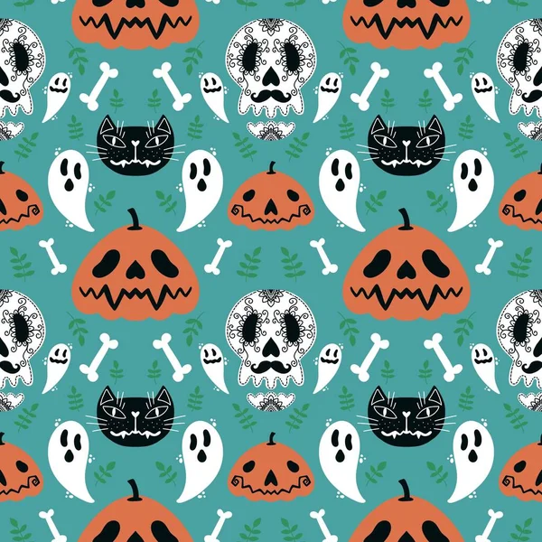Halloween Pumpor Sömlösa Spöke Och Ben Och Katt Mönster För — Stockfoto