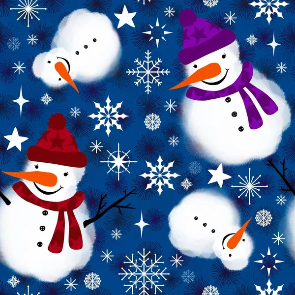 Winter Naadloze Sneeuwman Sneeuwvlokken Patroon Voor Kerstmis Inpakken Papier Kinderen — Stockfoto