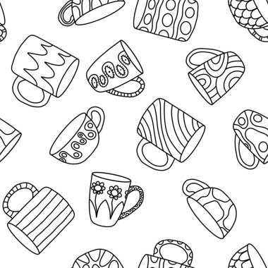 Karikatür bardakları ambalaj kağıdı, kumaş, çarşaf, çocuk giysisi baskısı, mutfak tekstili ve menü için kusursuz desen. Yüksek kaliteli illüstrasyon