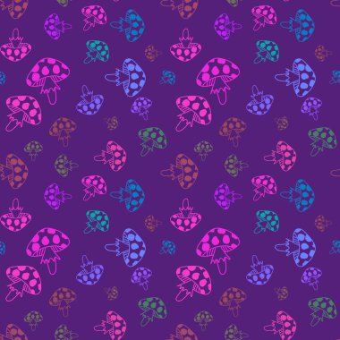 Kağıt, kumaş, çarşaf ve çocuk defterleri, moda tekstil ürünleri, baskı ve sonbahar aksesuarları için yaz karikatürsüz mantar deseni. Yüksek kaliteli illüstrasyon