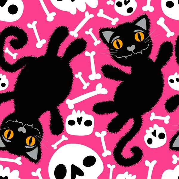 Halloween Kreskówki Czarne Koty Bezszwowe Zwierzęta Puszyste Potwory Wzór Pakowania — Zdjęcie stockowe