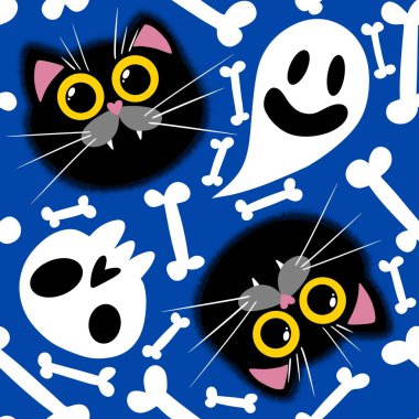 Cadılar Bayramı çizgi filmleri kağıt, çarşaf, kumaş, çocuk giysisi baskısı, şenlik ambalajı ve moda tekstili için kusursuz kedi desenleri. Yüksek kaliteli illüstrasyon