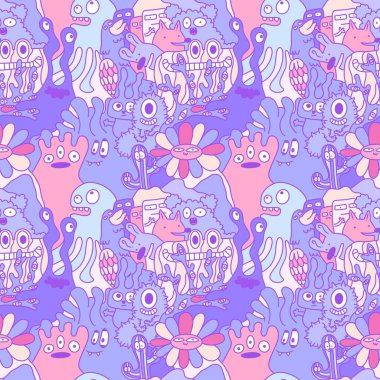 Çizgi film canavarları, kusursuz komik uzaylılar, tavşan, kaktüs ve çiçek desenleri. Kağıt, çarşaf, kumaş, çocuk giysisi baskısı ve şenlikli ambalaj için. Yüksek kaliteli illüstrasyon